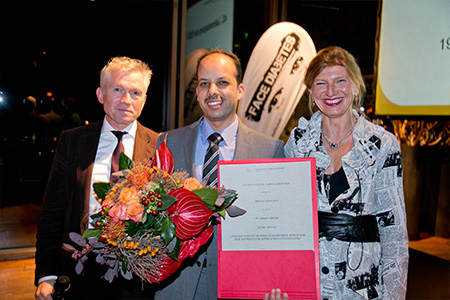 Dr. Sameer Abu Eid (Mitte) mit Prim. Dr. Claudia Francesconi (Past-Sekretär der ÖDG) und Univ.-Prof. Dr. Thomas C. Wascher (Past-Präsident der ÖDG) 